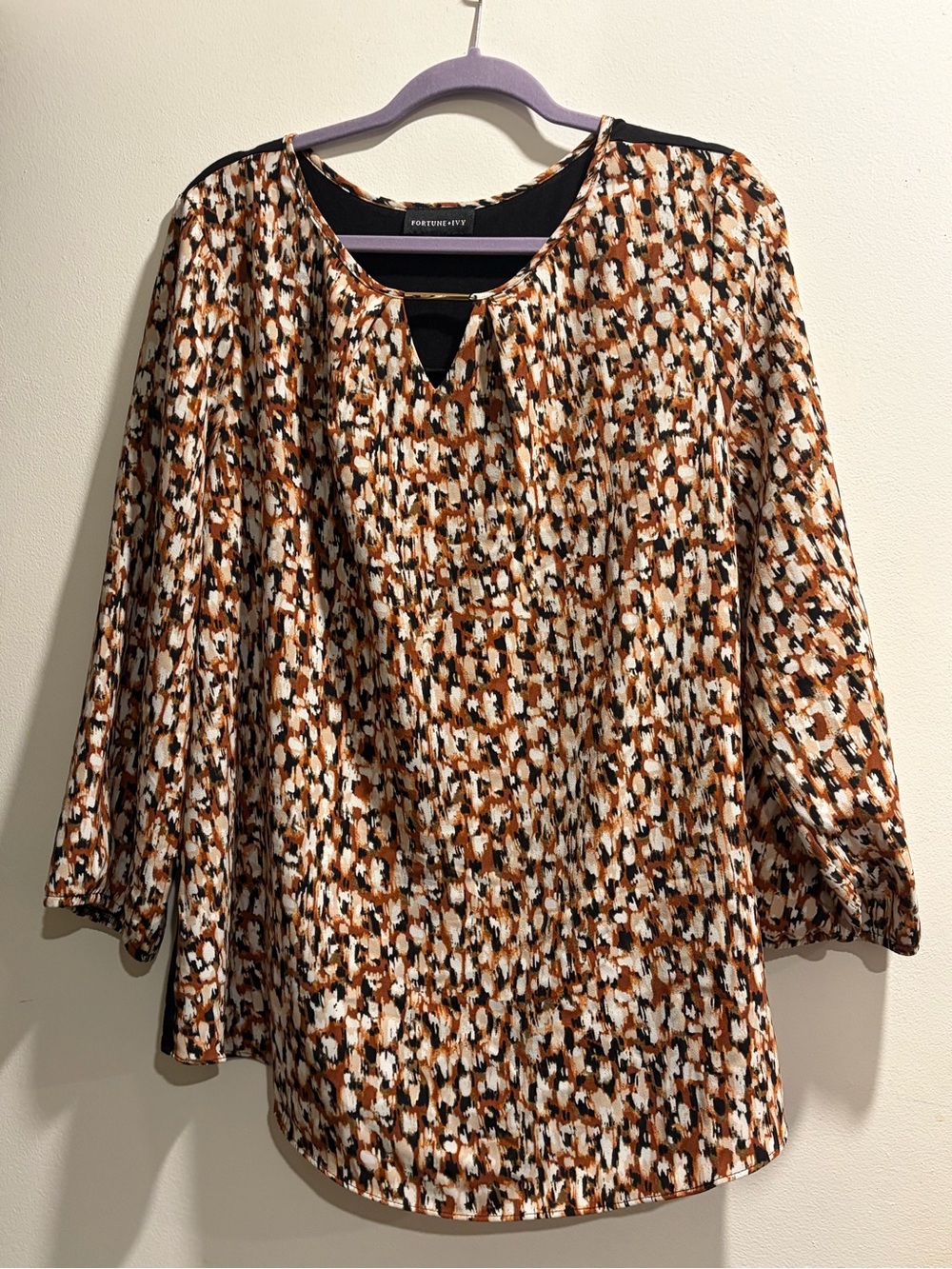 Women's Mixed-Media Brown Multi-Pattern Keyhole Blouse